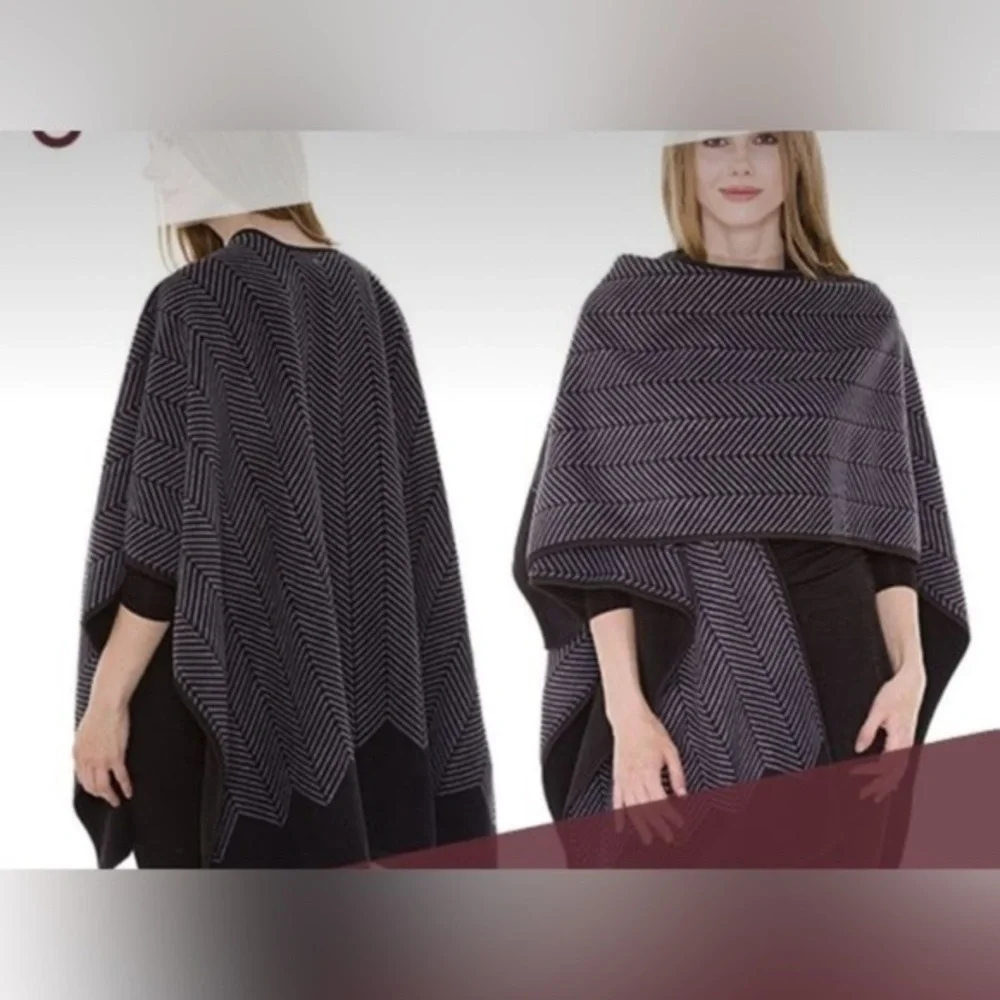 Ike Behar One Size Black Soft Geometric Fleece Ruana Wrap Poncho Sweater OS